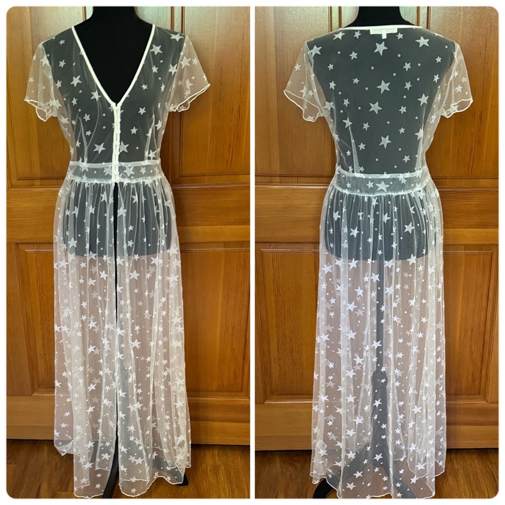 Sheer Star Embroidered Maxi Cover-Up - White Stars